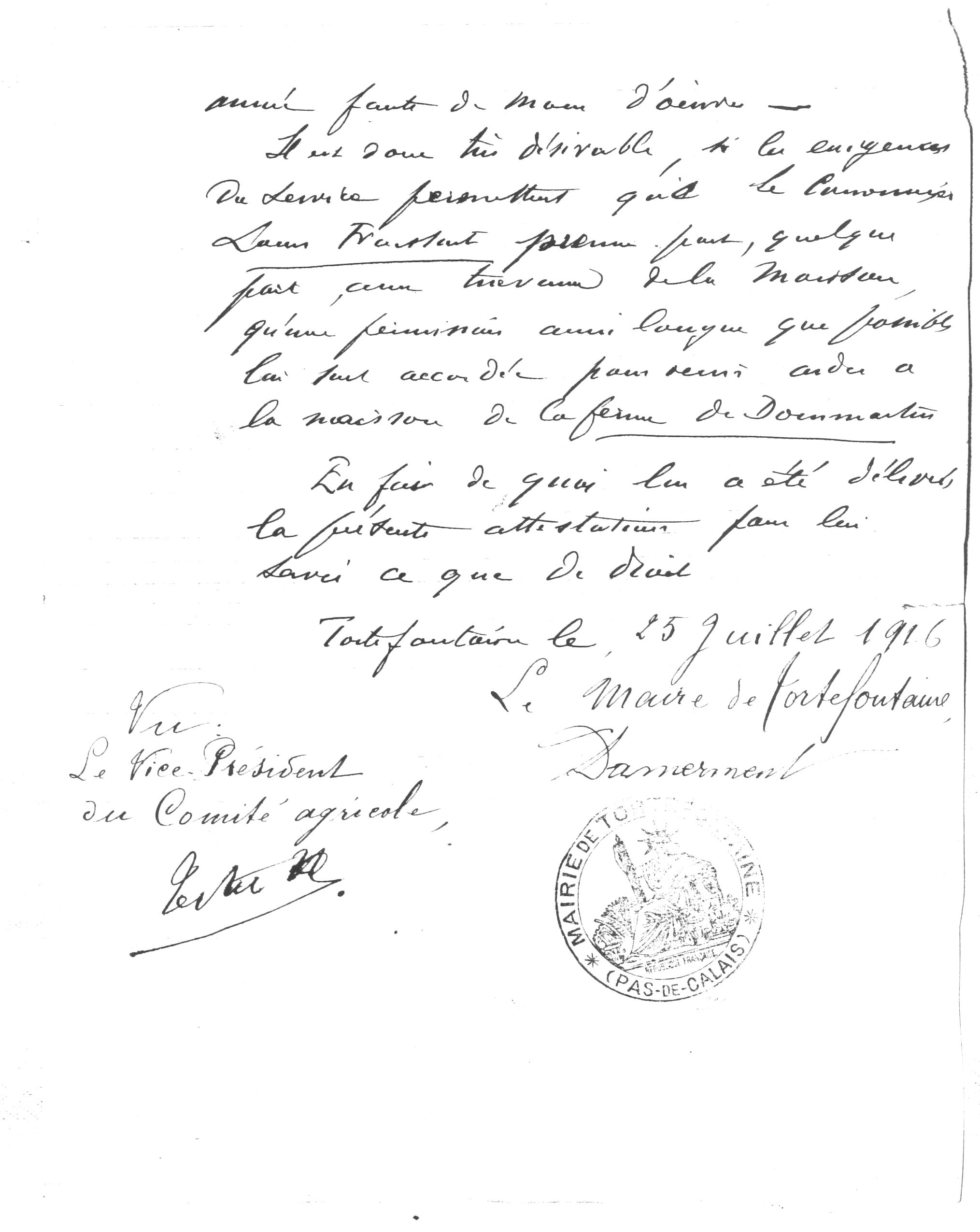 1916 - Demande de permission agricole pour Louis Froissart