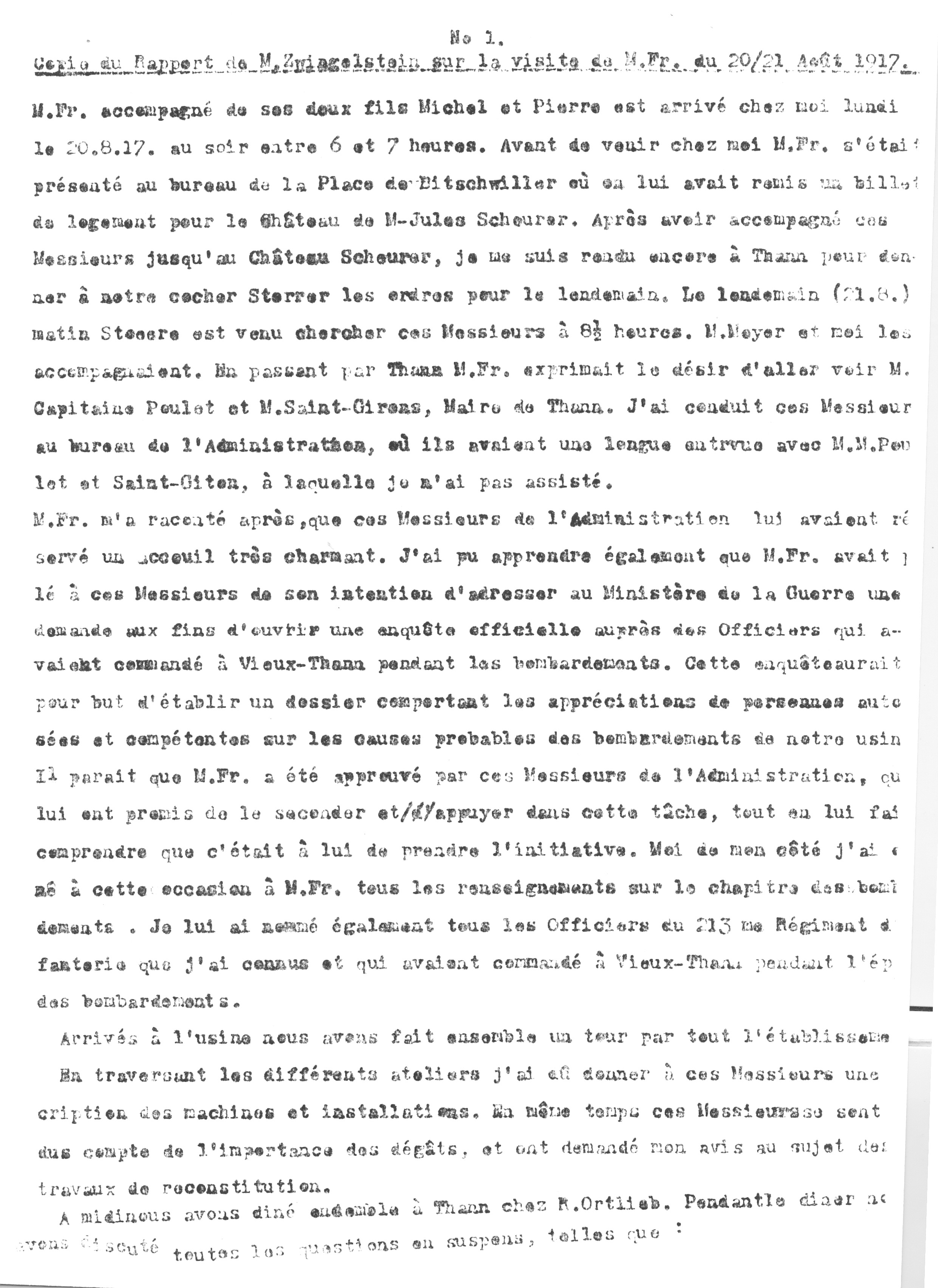 1917 – Copie du rapport de M. Zwingelstein sur la visite de M. Froissart des 20/21 Août 1917