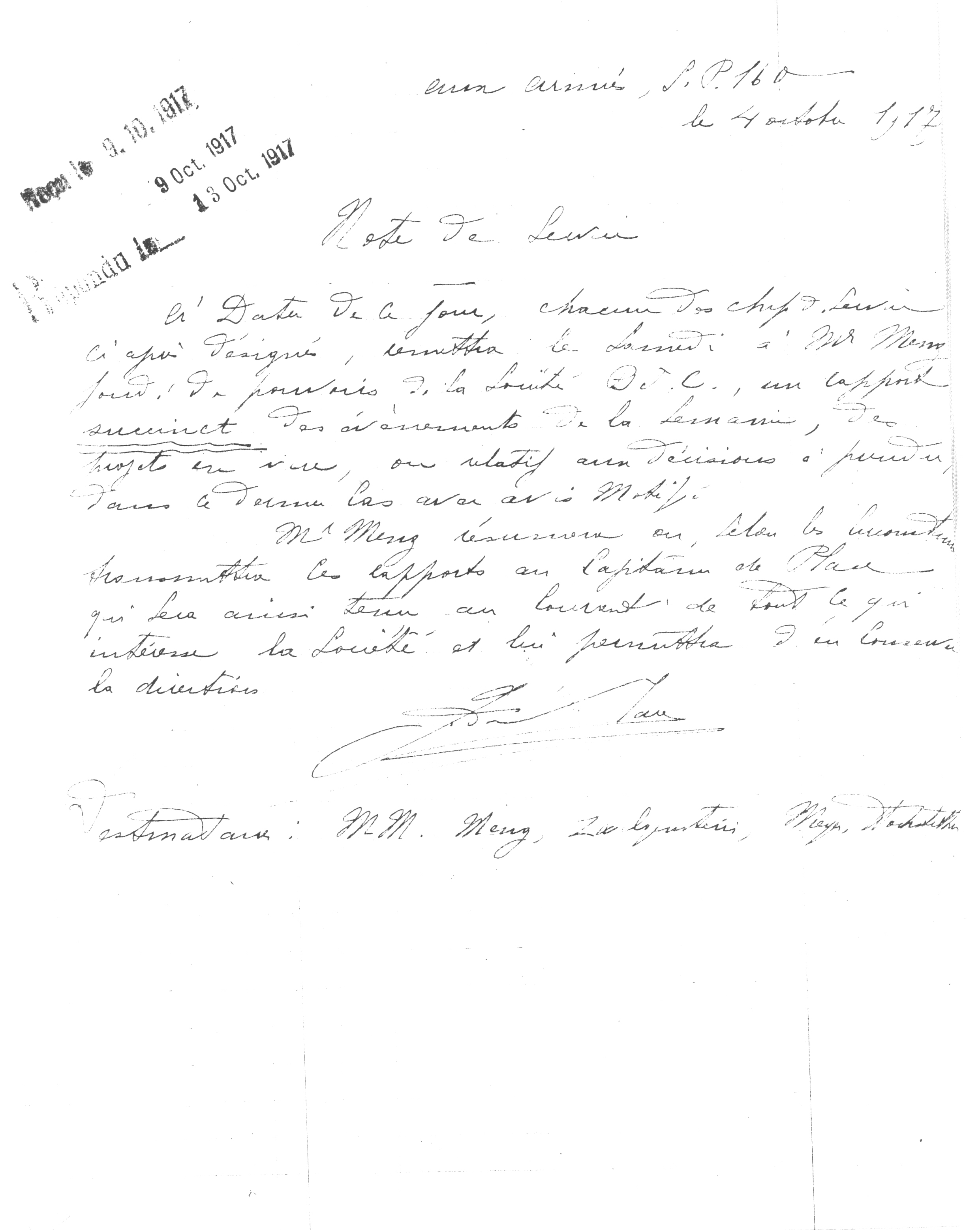 1917 – Note du 4 octobre de Guy de Place aux chefs de service