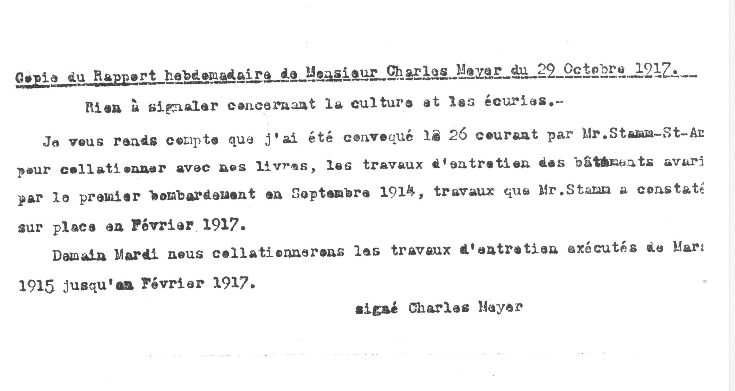 1917 – Copie du rapport hebdomadaire de Charles Meyer, 29 Octobre 1917