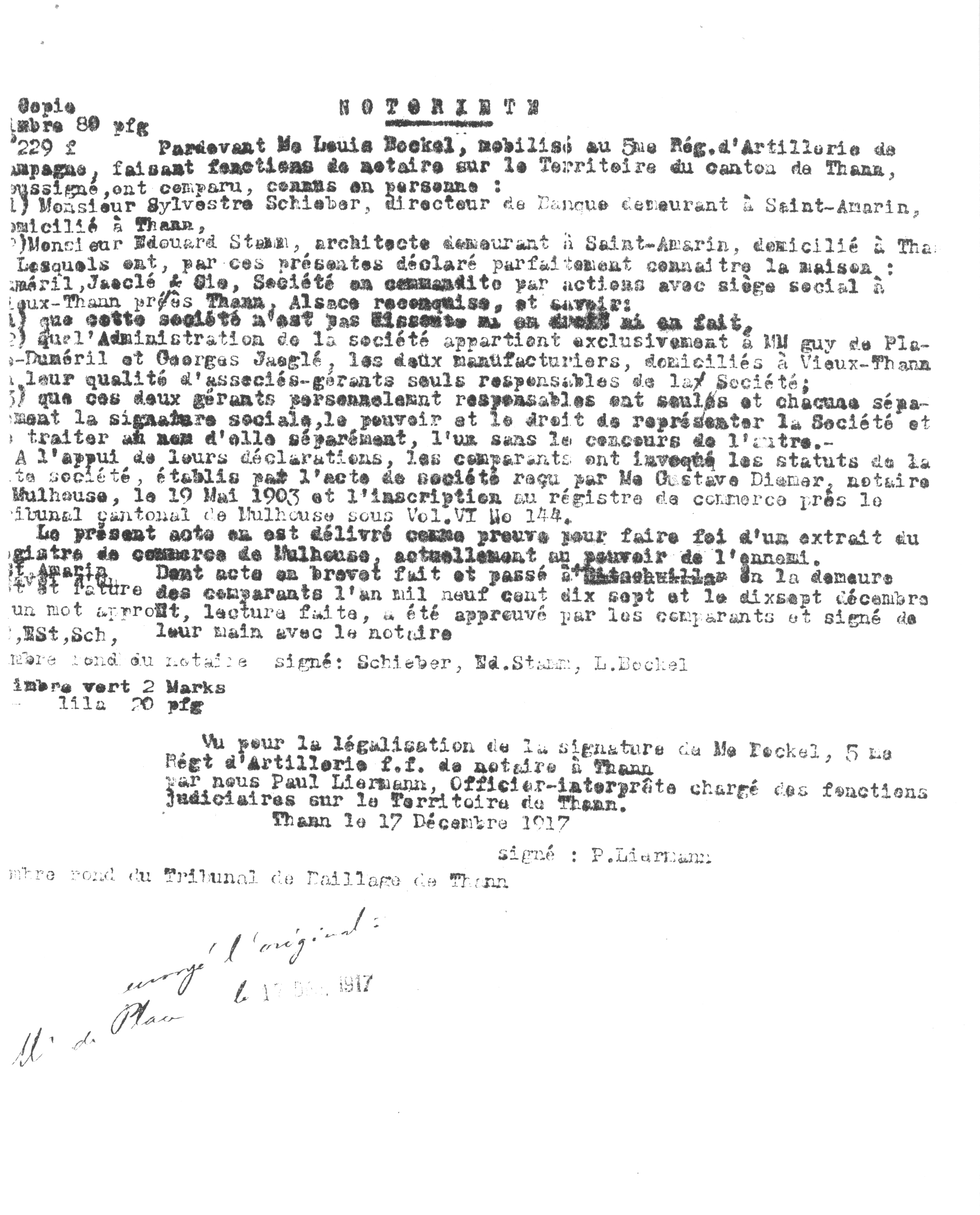 1917 – Copie de l’acte de notoriété de la Société DJC (17 décembre 1917)