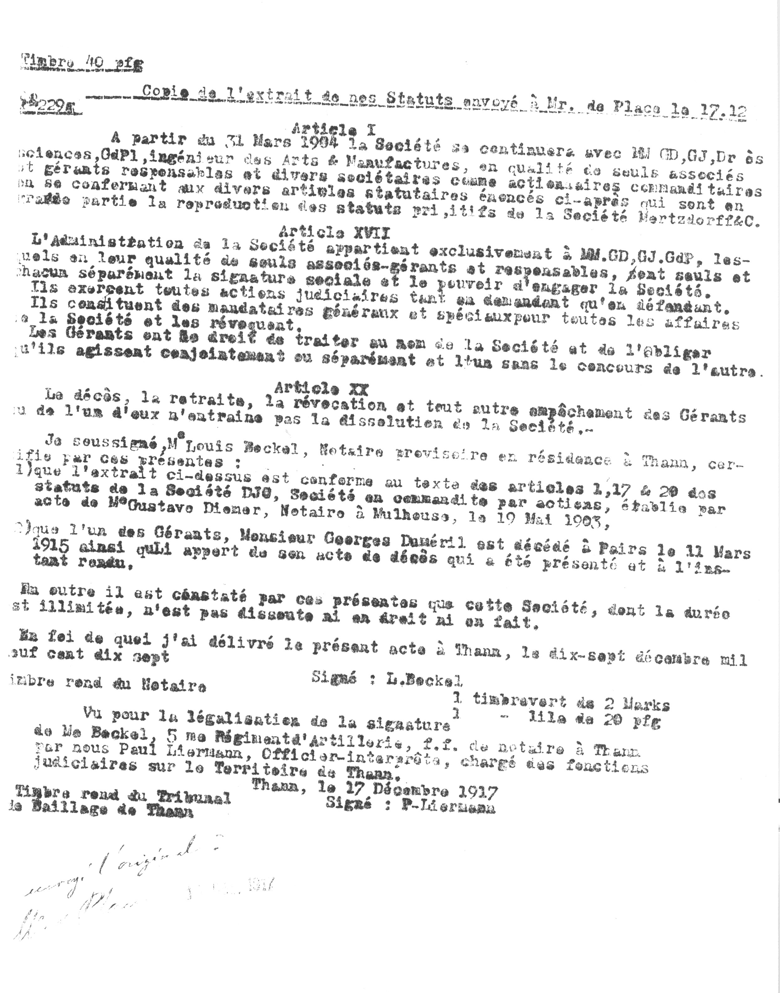 1917 – Copie de l’extrait des Statuts de la Société DJC (17 décembre 1917)