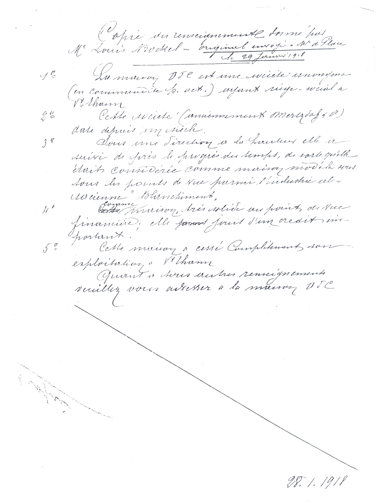 1918 – Copie des renseignements donnés par M. Bockel à M. Eckel (faite le 28 janvier 1918)