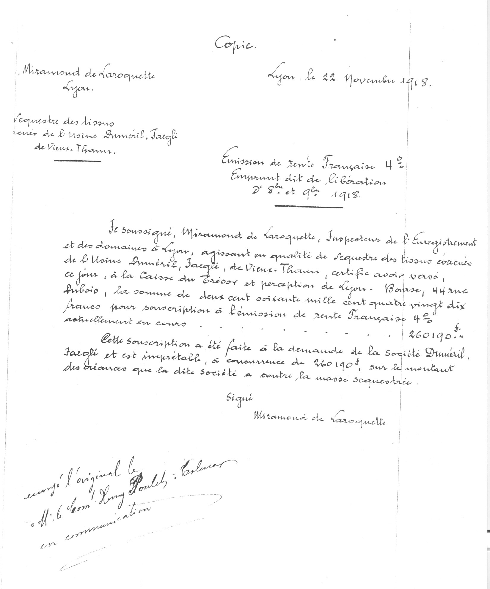 1918 – Copie de l’attestation de souscription à l’emprunt (faite le 22 novembre 1918)