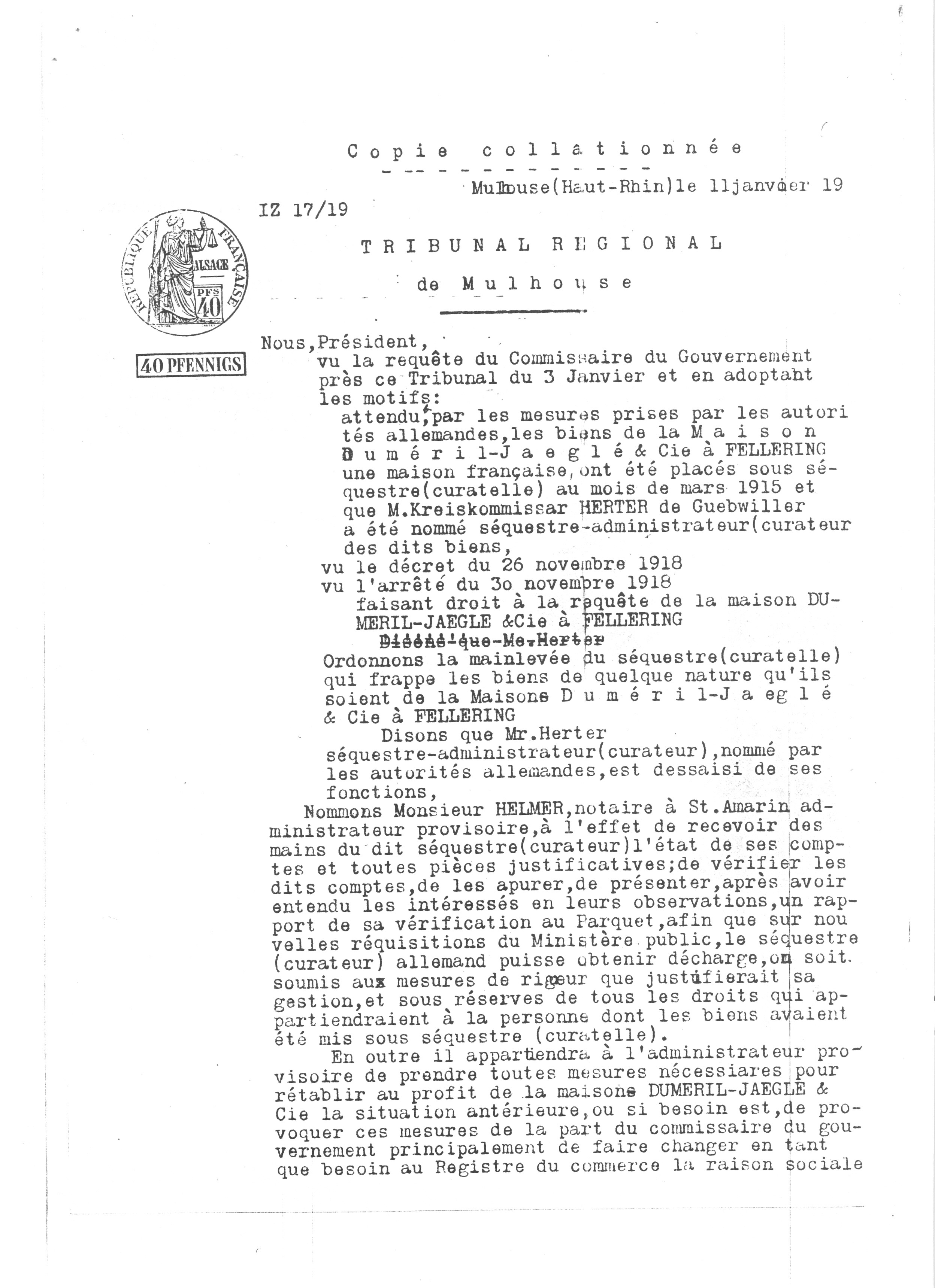 1919 – Copie du jugement du 11 janvier 1919 sur les biens sous séquestre de l’entreprise DJC