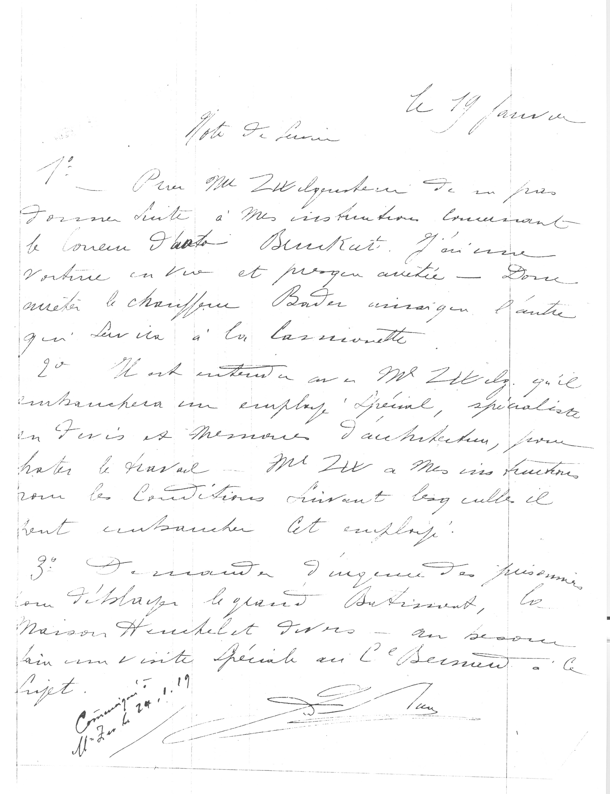 1919 – Note de service de Guy de Place (19 janvier 1919)