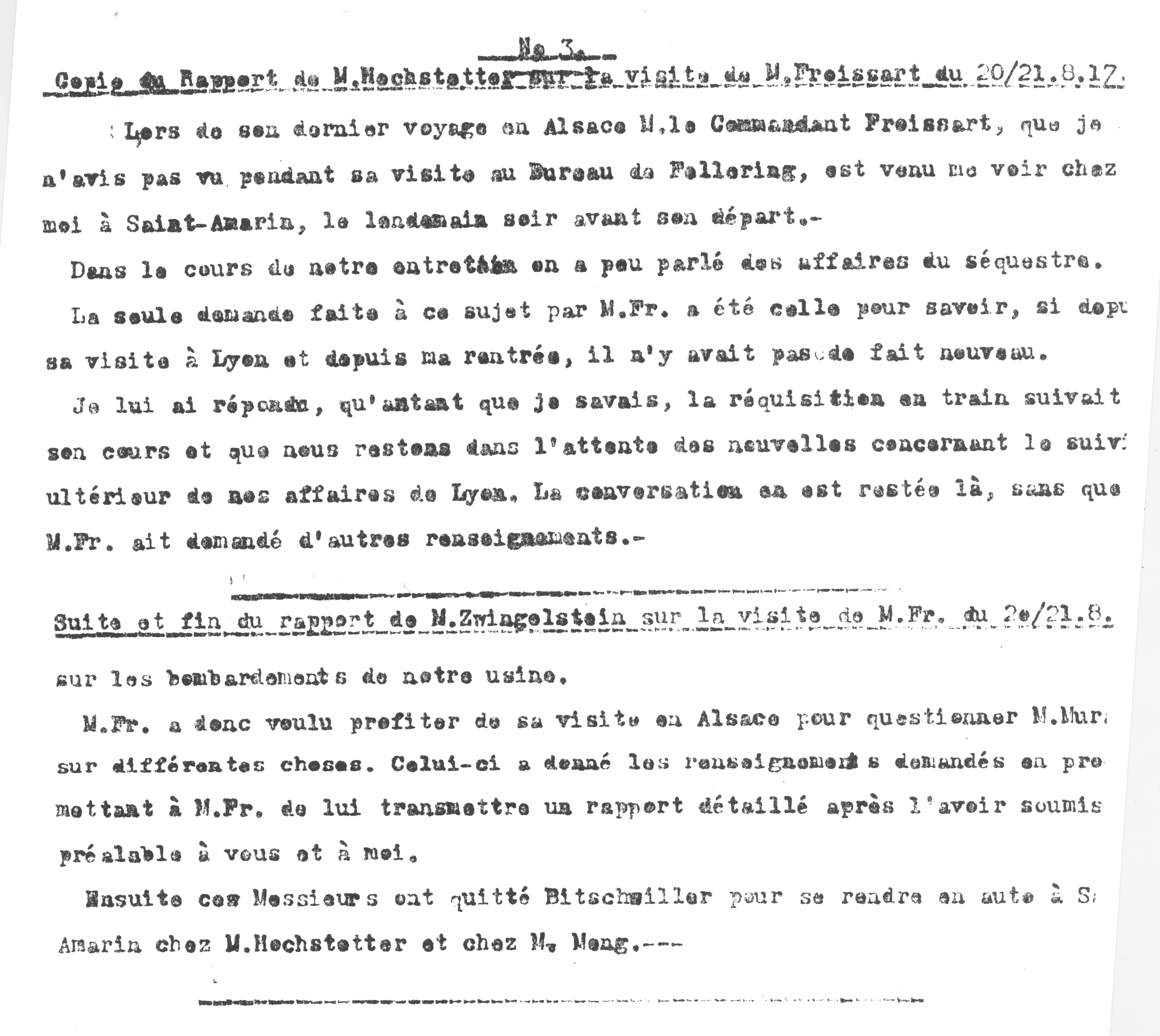 1917 – Copie du rapport de M. Hochstetter sur la visite de M. Froissart des 20/21 Août 1917